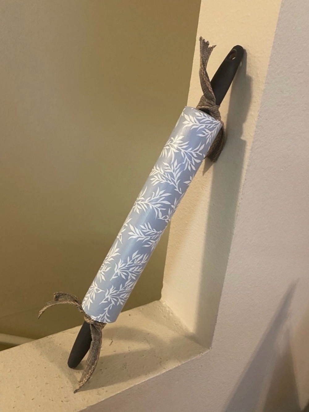 Blue and White Rolling Pin with Wrapped Leaf Design.Handles Painted Blue.New